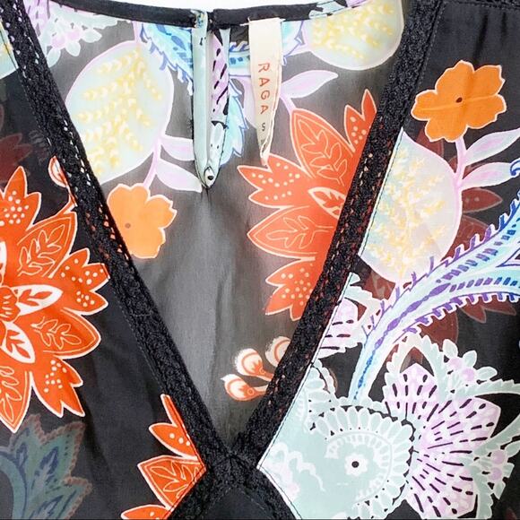 RAGA Anthropologie Blouse Tassel 3/4 Sleeve V-Neck Black Orange Floral Top Small - Picture 13 of 15